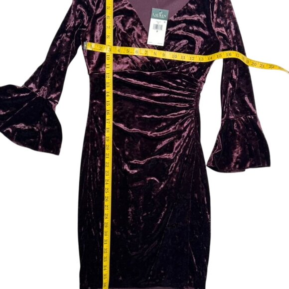 NEW Lauren Ralph Lauren 0 Crushed Velvet Ruched Bell Sleeve Party Dress Purple - Picture 4 of 7